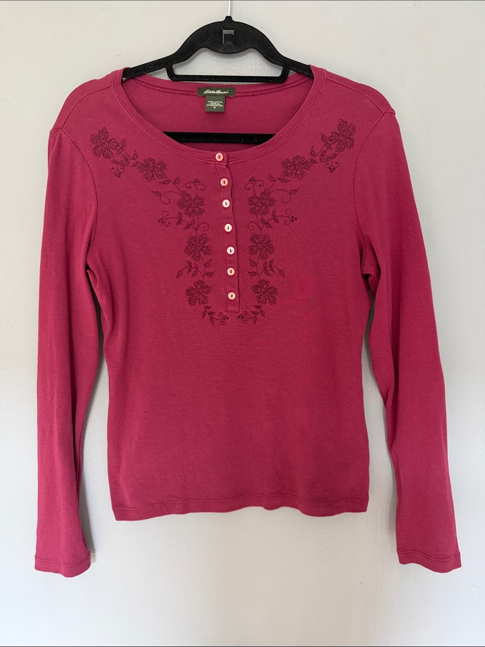 Eddie Bauer Women’s Cottagecore Boho Floral Embroidered Henley Long Sleeve Top S